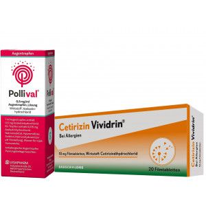 Sparset Allergie - POLLIVAL 0,5 mg/ml Augentropfen 10 ml + CETIRIZIN Vividrin 10 mg Filmtabletten 20 St.